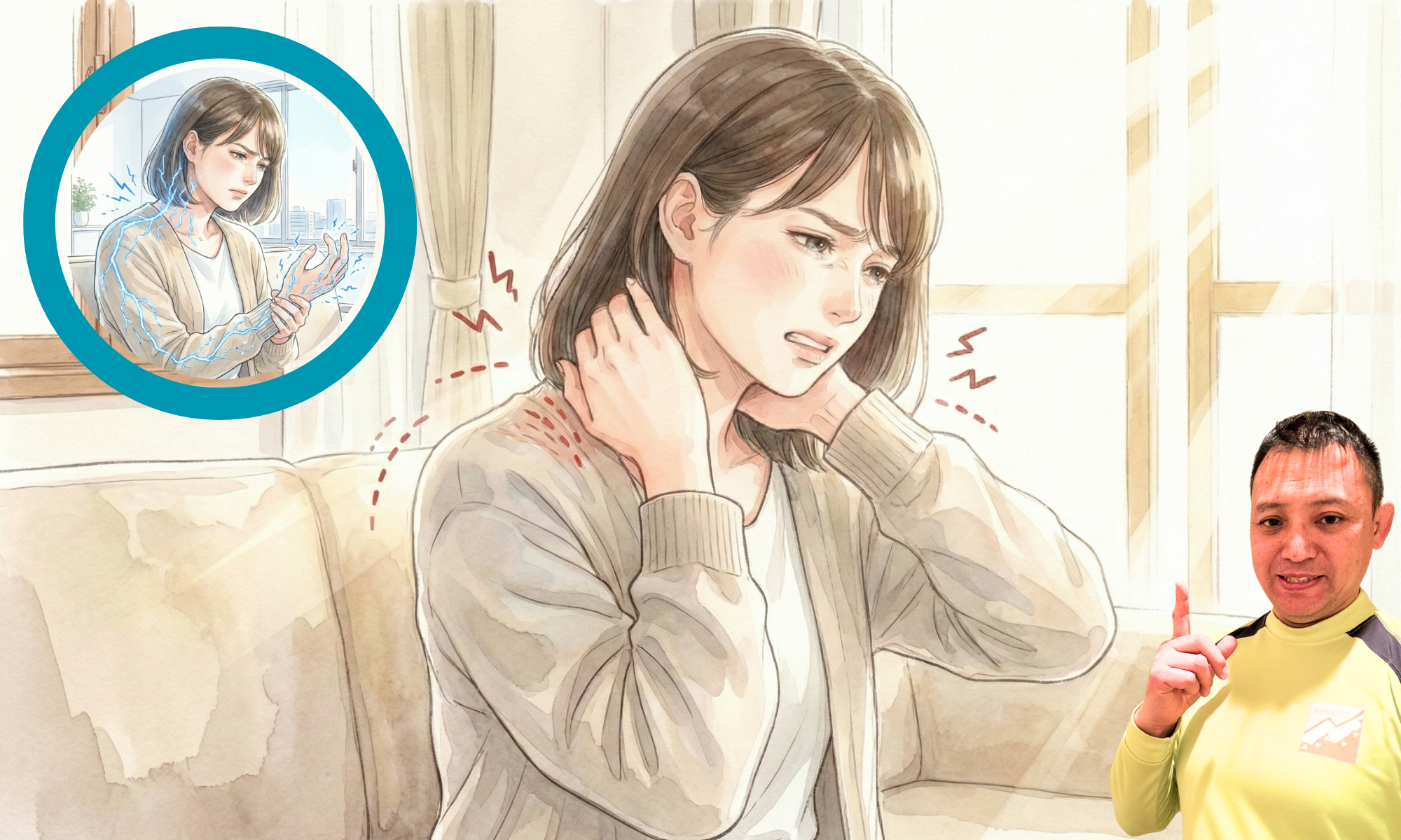 首に手を当てている４０代の女性