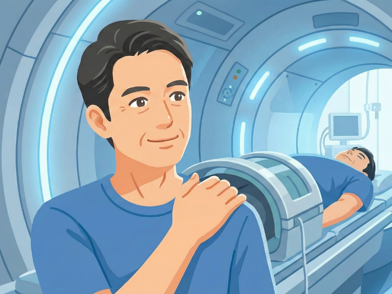 肩に手を当てている50代の男性