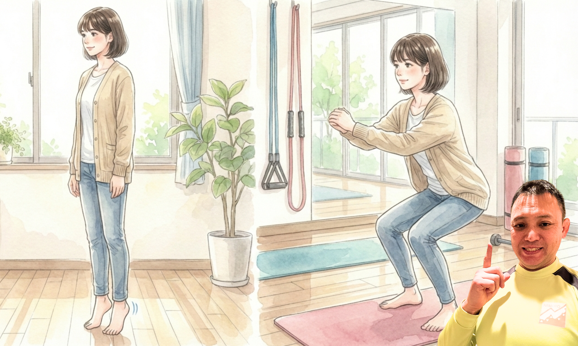 下半身の運動をしている３０代半ばの女性