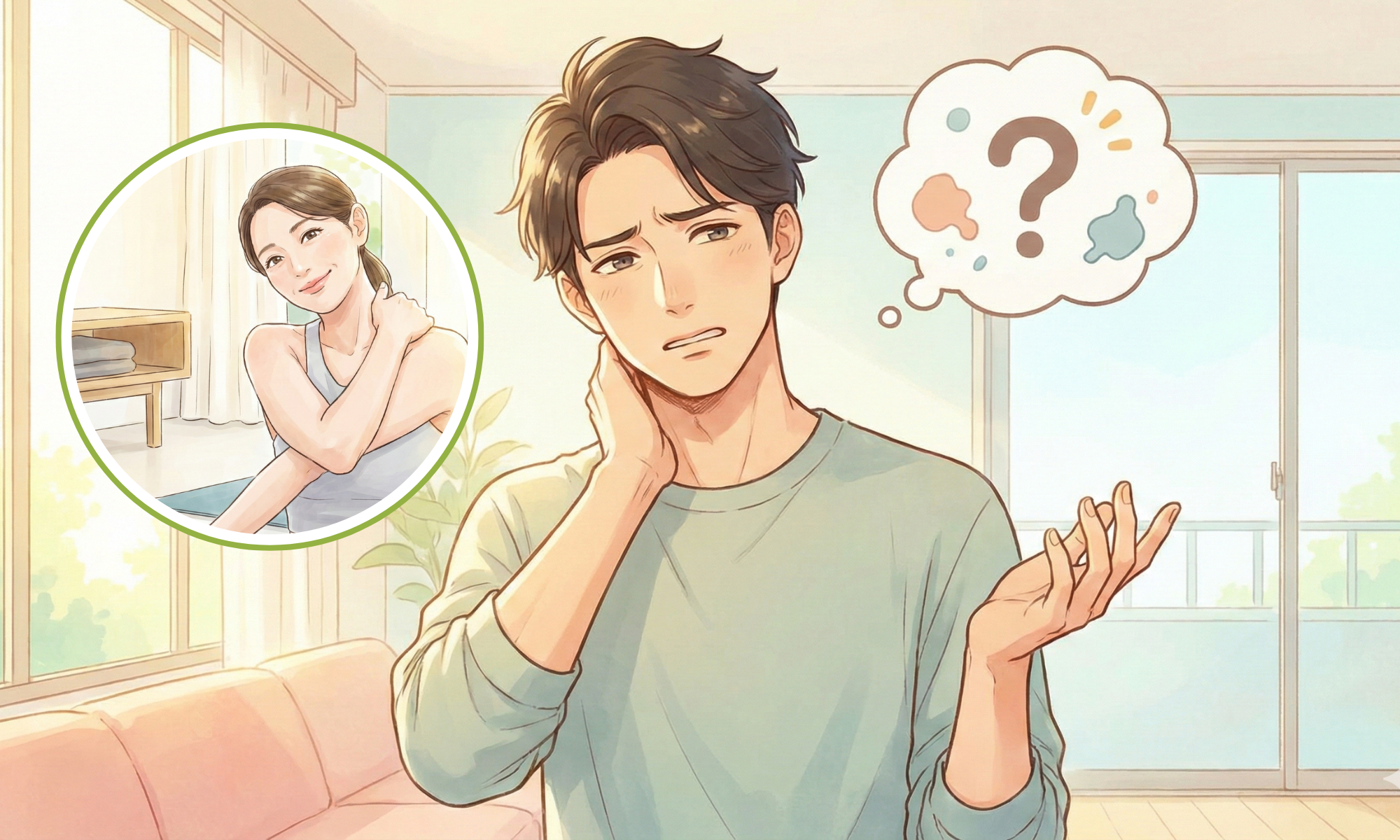 首に手を当てている30代の男性