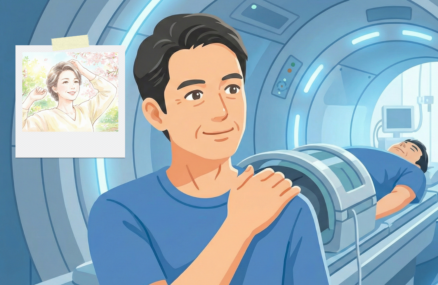 肩に手を当てている50代の男性