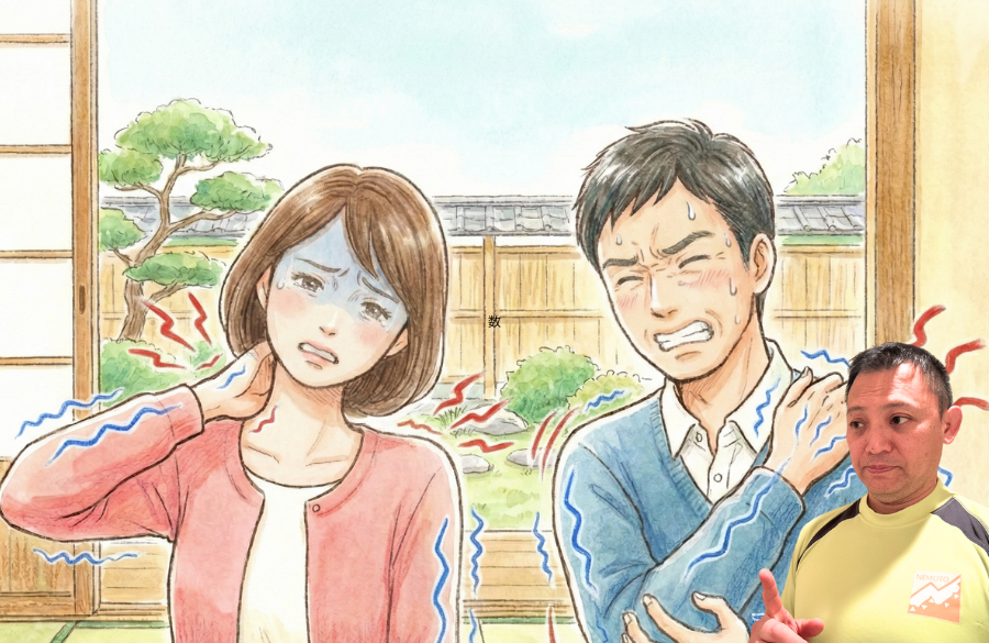 女性と男性が肩をおさえて辛そうに