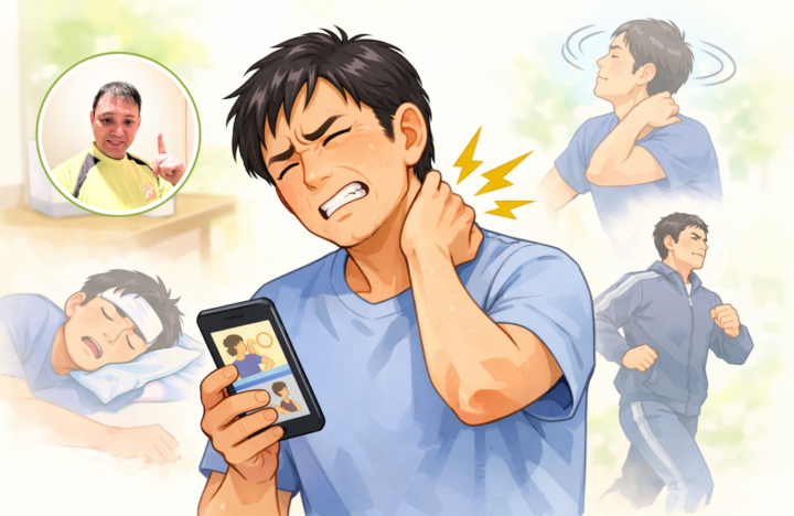 首に手を当てている40代の男性