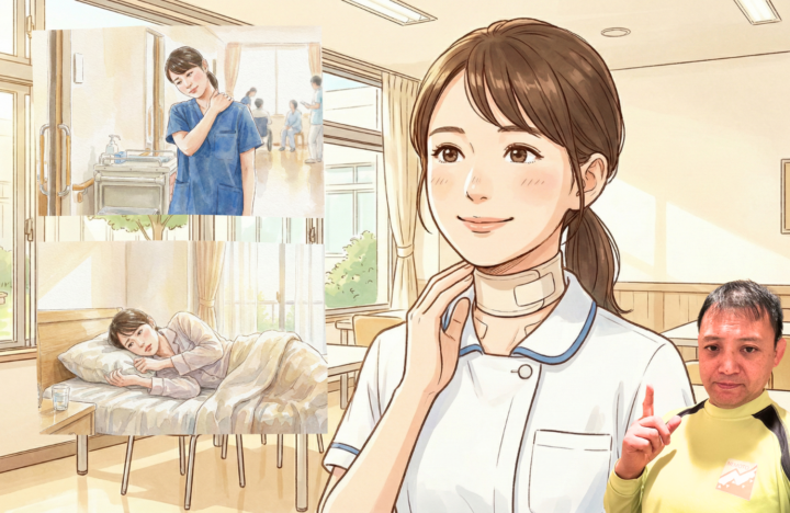 首に手を当てている看護師の女性