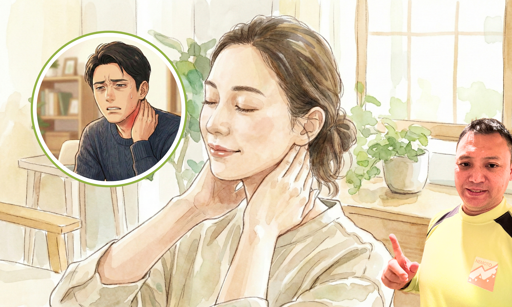 首を両手を当てている30代の女性