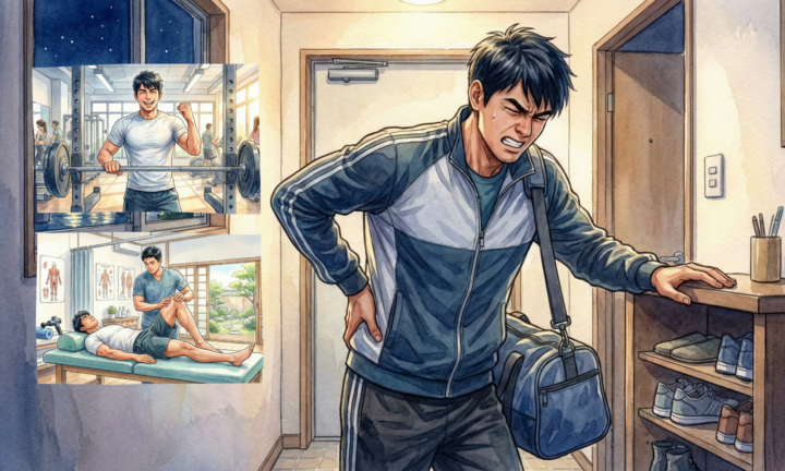 運動の後に腰に手を当てている40代の男性