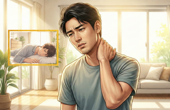 首に手を当てている30代の男性