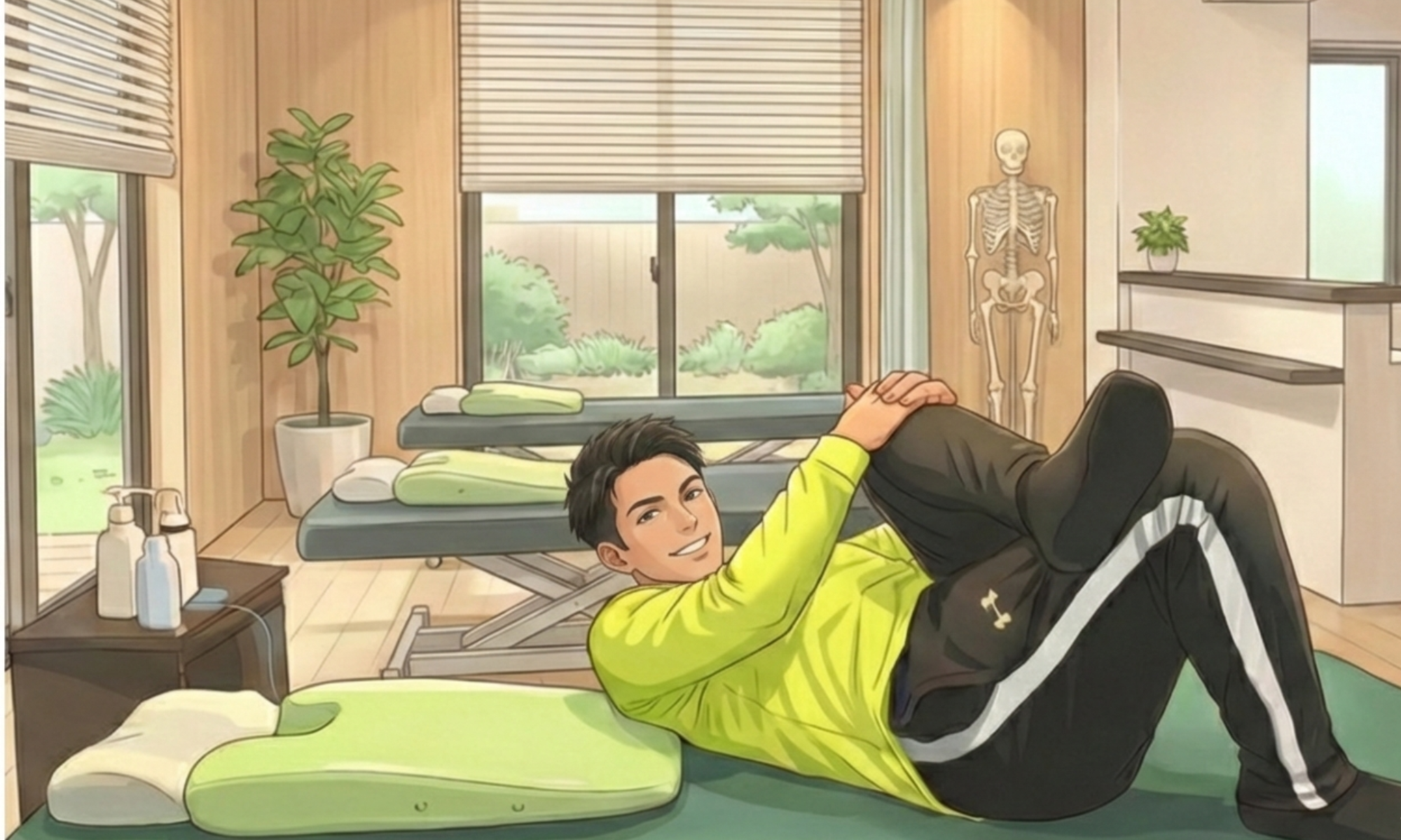 寝て左の股関節内側のストレッチしている40代の男性