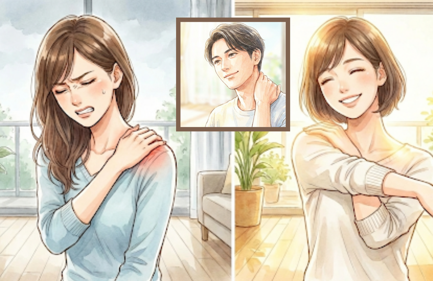 肩に手を当てている３０代女性