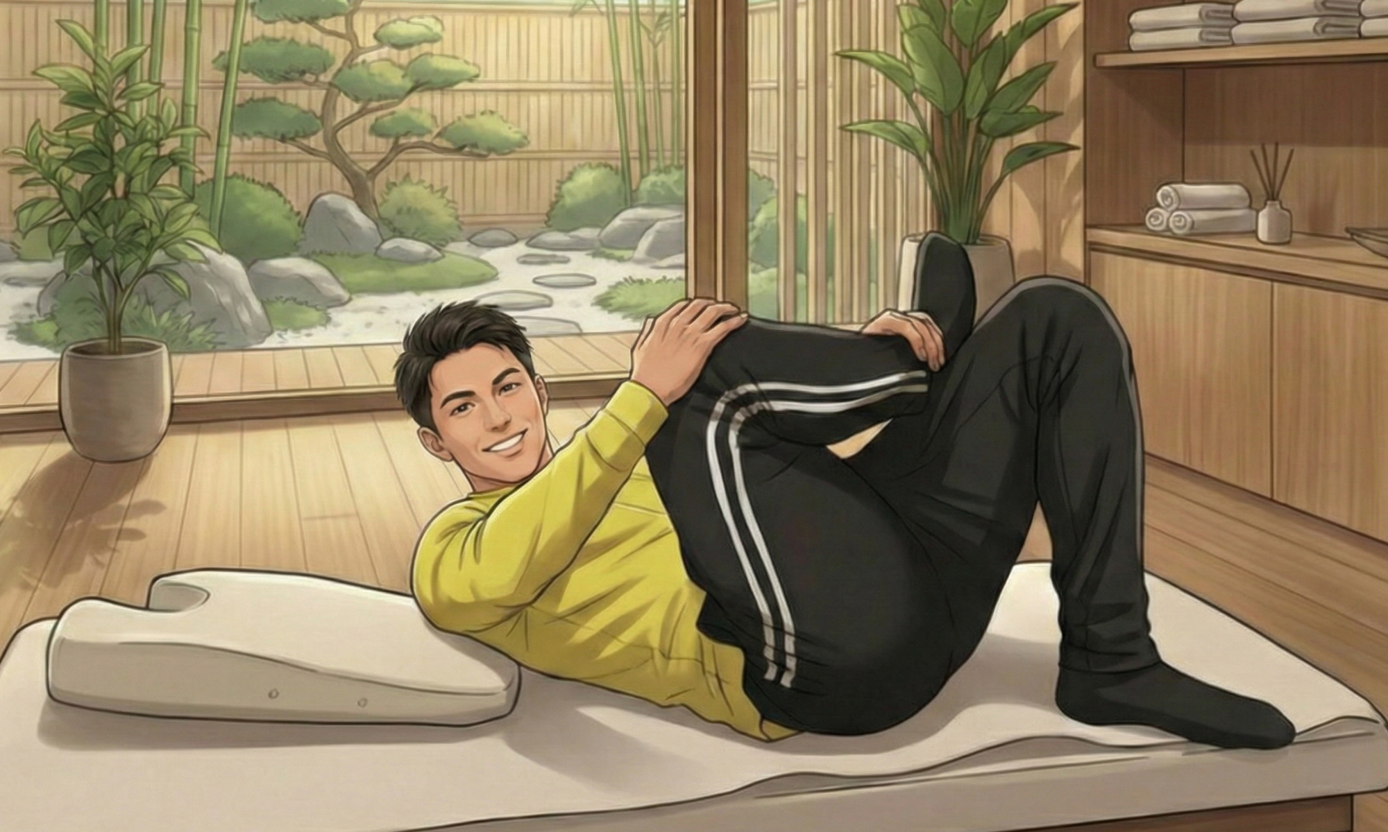 寝て右の股関節外側のストレッチしている3０代の男性