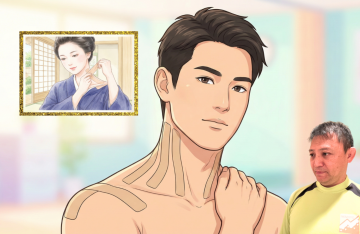 テーピングを首にしている30代の男性