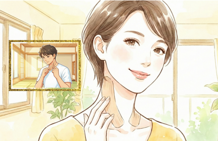 首にテーピングしている40代の女性