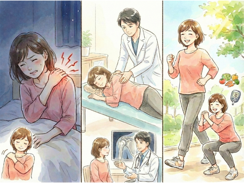 肩に手を当てている40代の女性