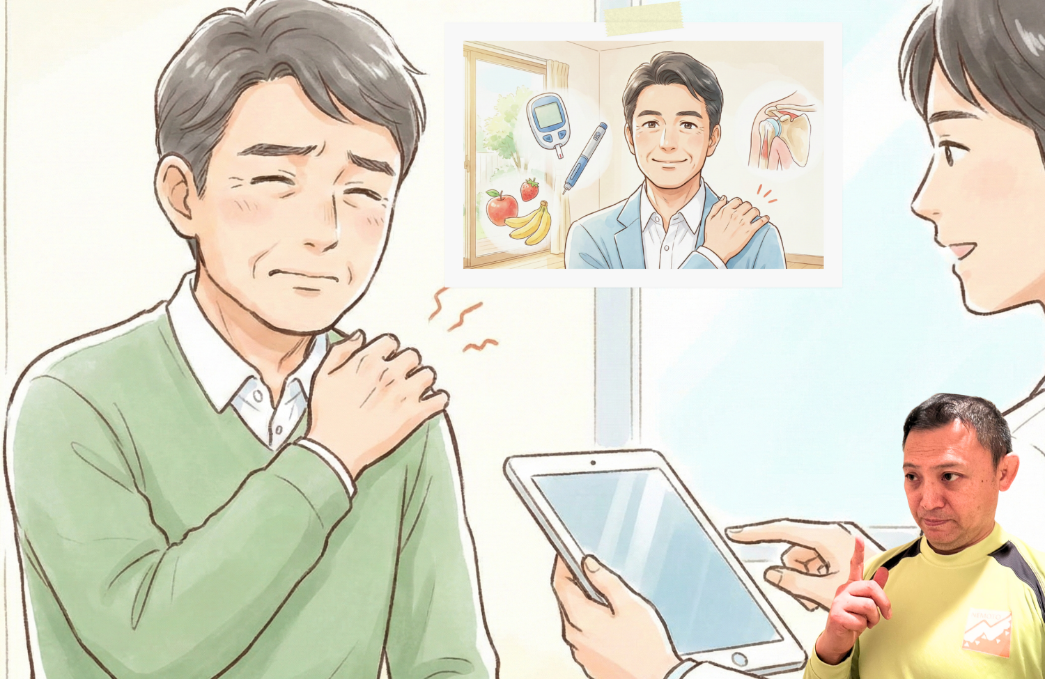 話を聞きながら肩に手を当てている男性