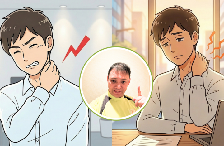 首に手を当てている30代の男性