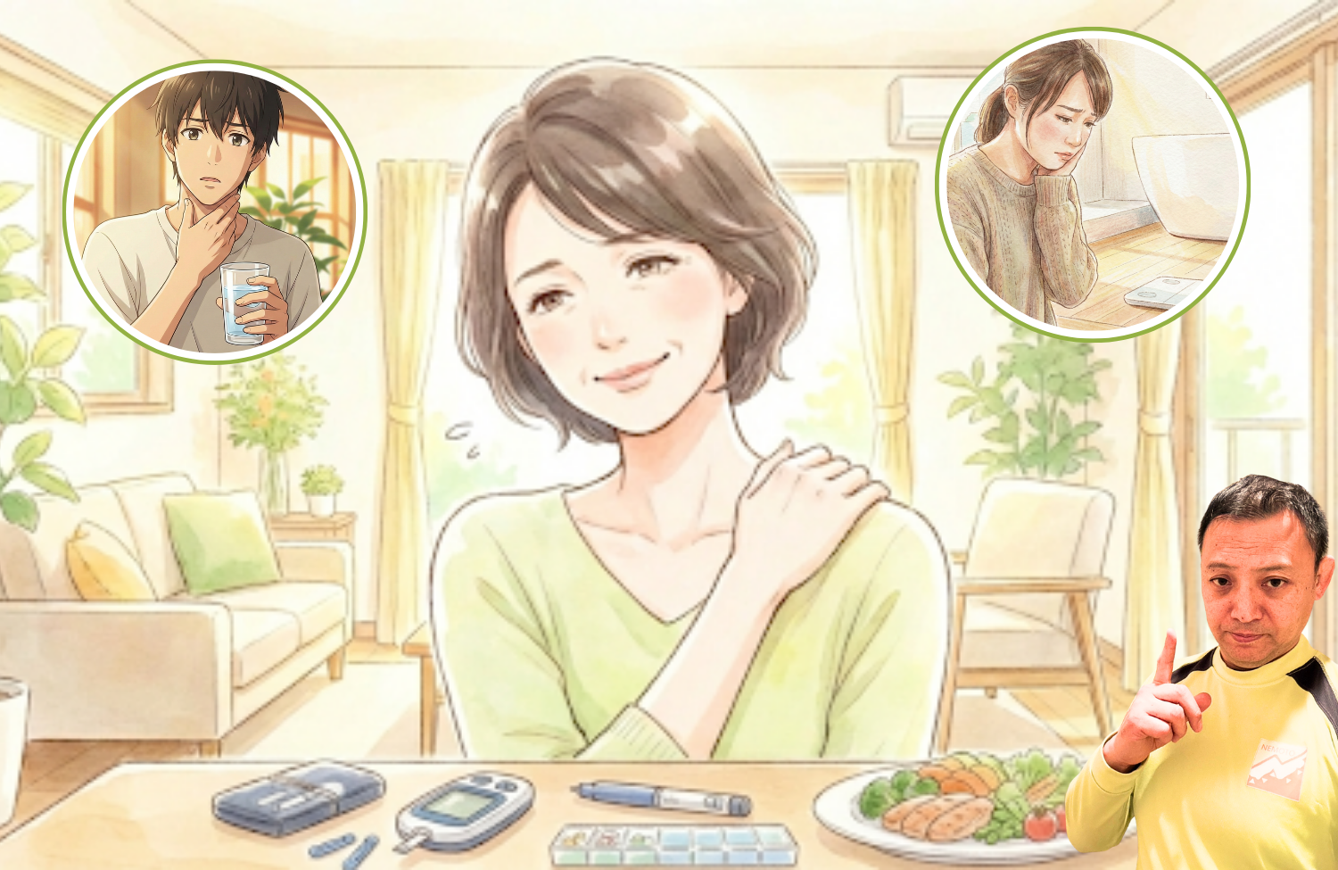 肩に手を当てている40代女性