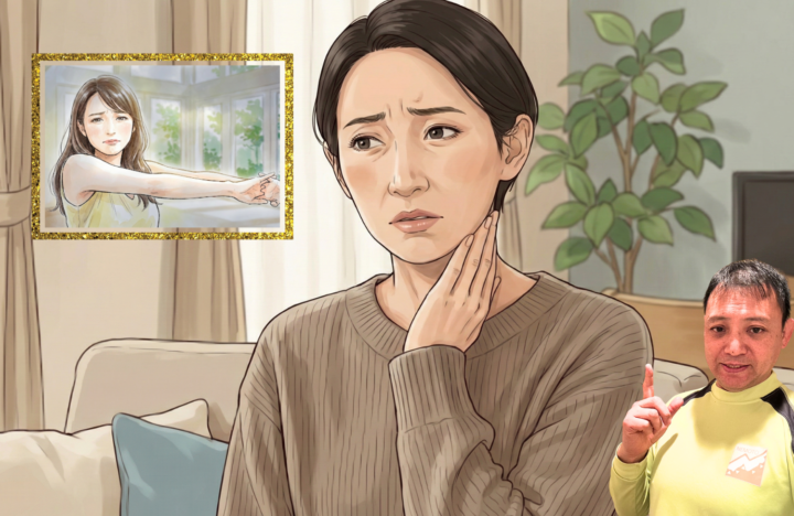 首に手を当てている50代の女性