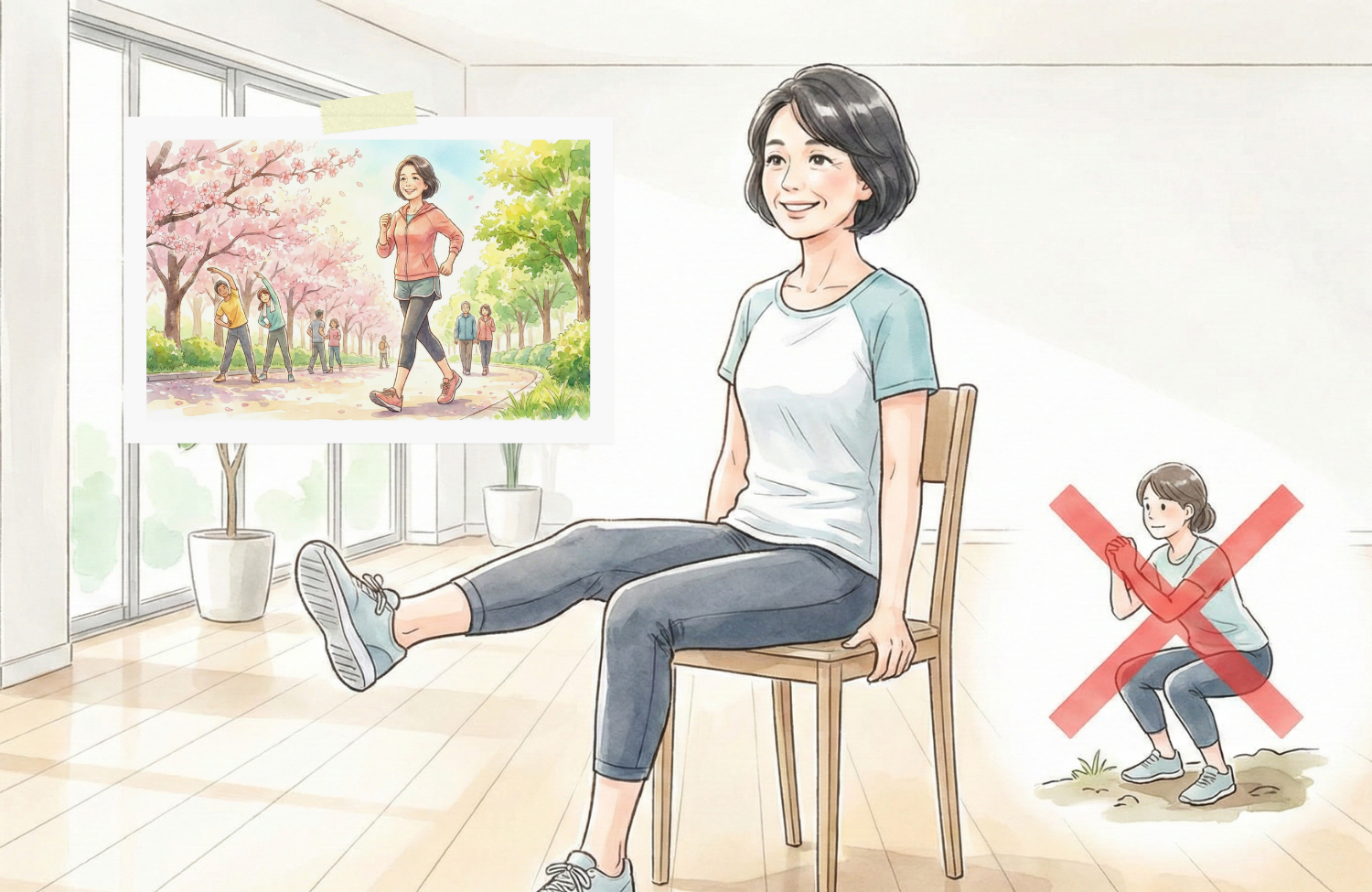 椅子で座りながら運動している50代女性