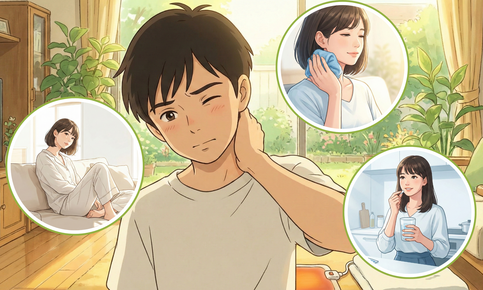 首に手を当てている20代の男性