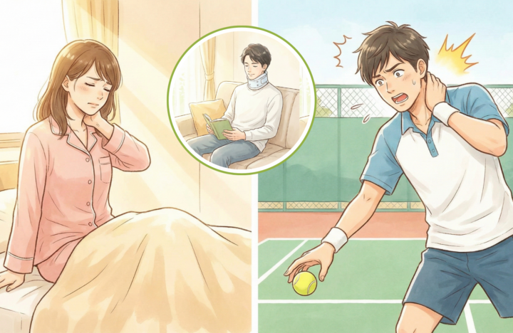 起きてから首に手を当てている30代女性