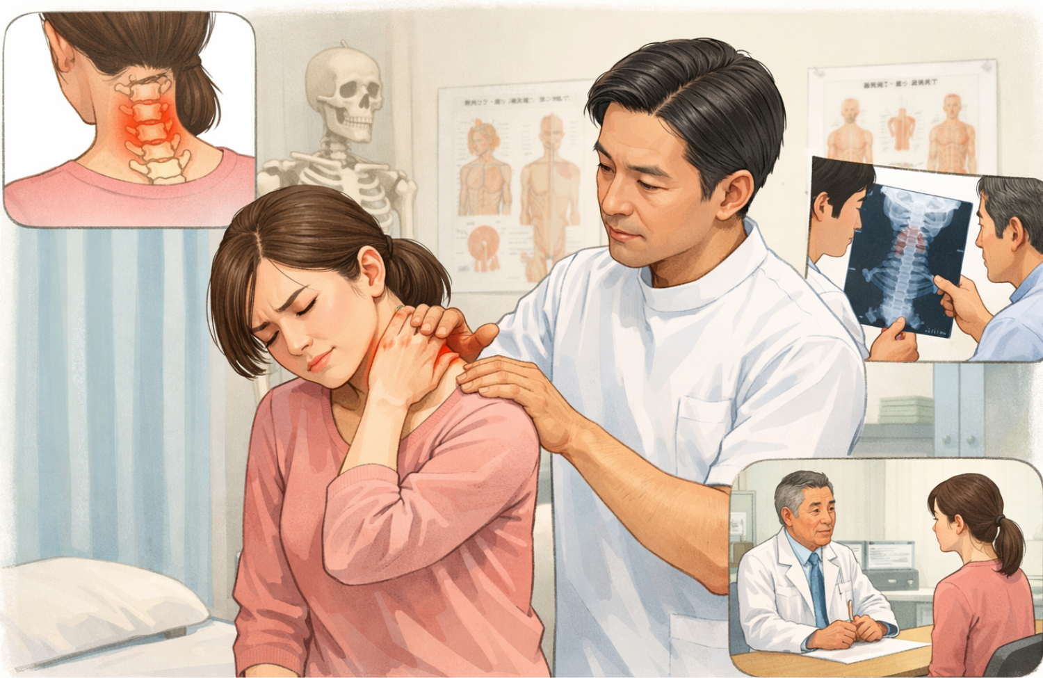 首に手を当てている40代の女性