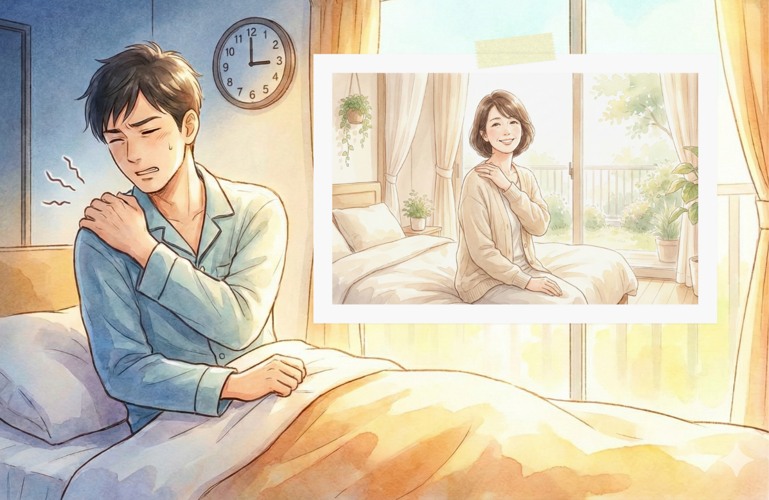 起床時に肩に手を当てている男性