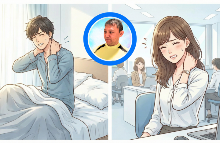 朝起きて首に手を当てている３０代の男性