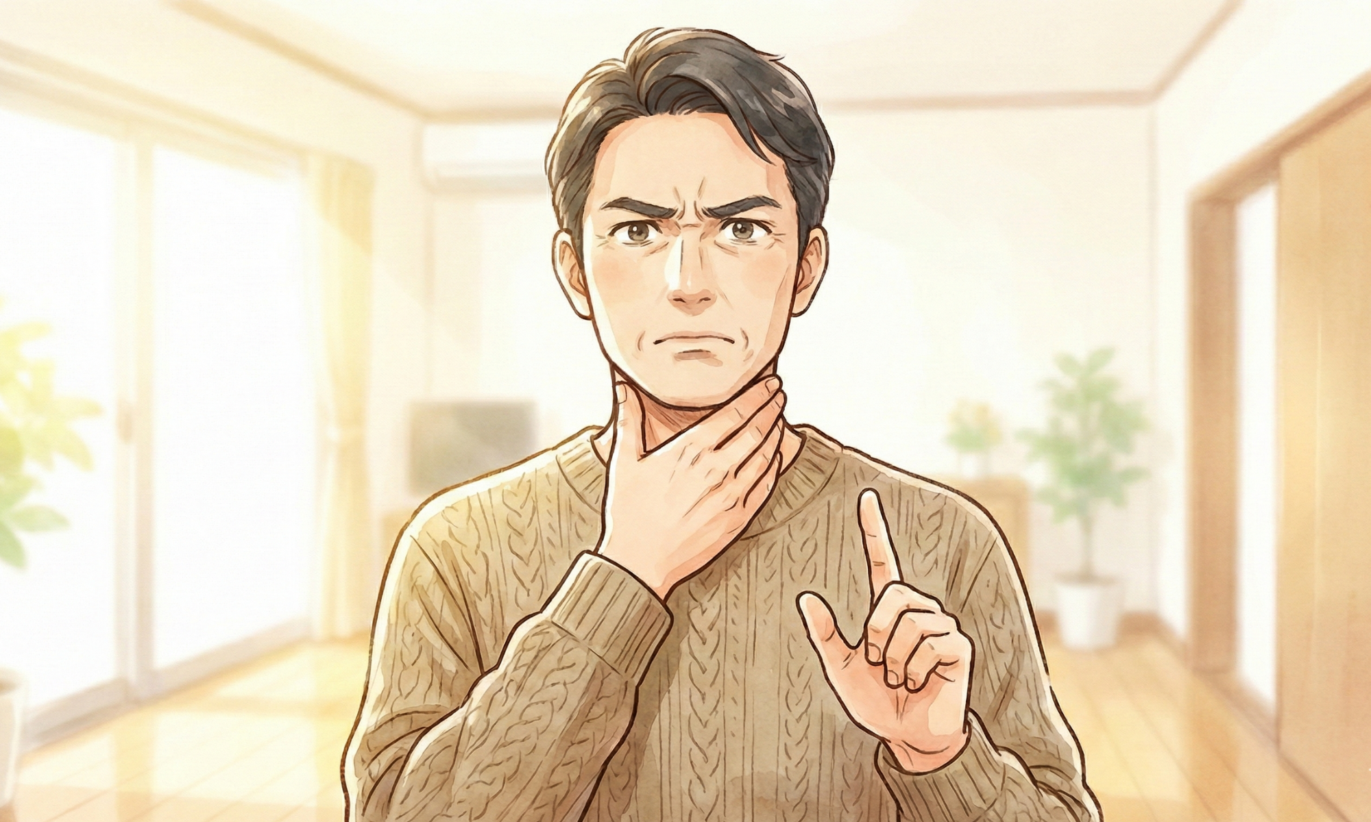 首に手を当てている50代の男性