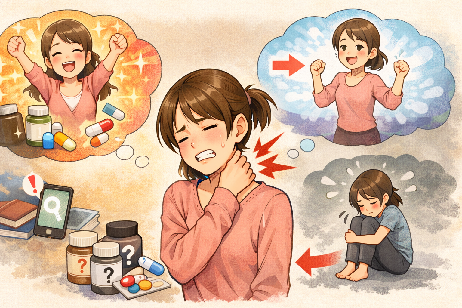 首に手を当てている30代の女性