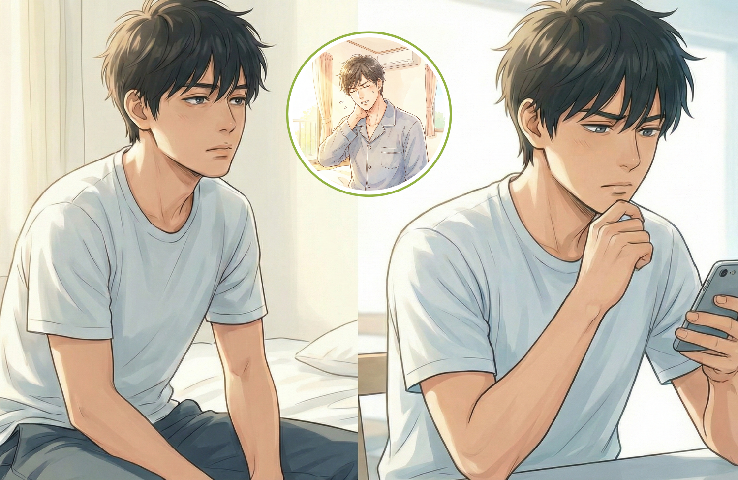 起きて携帯を見ている30代の男性