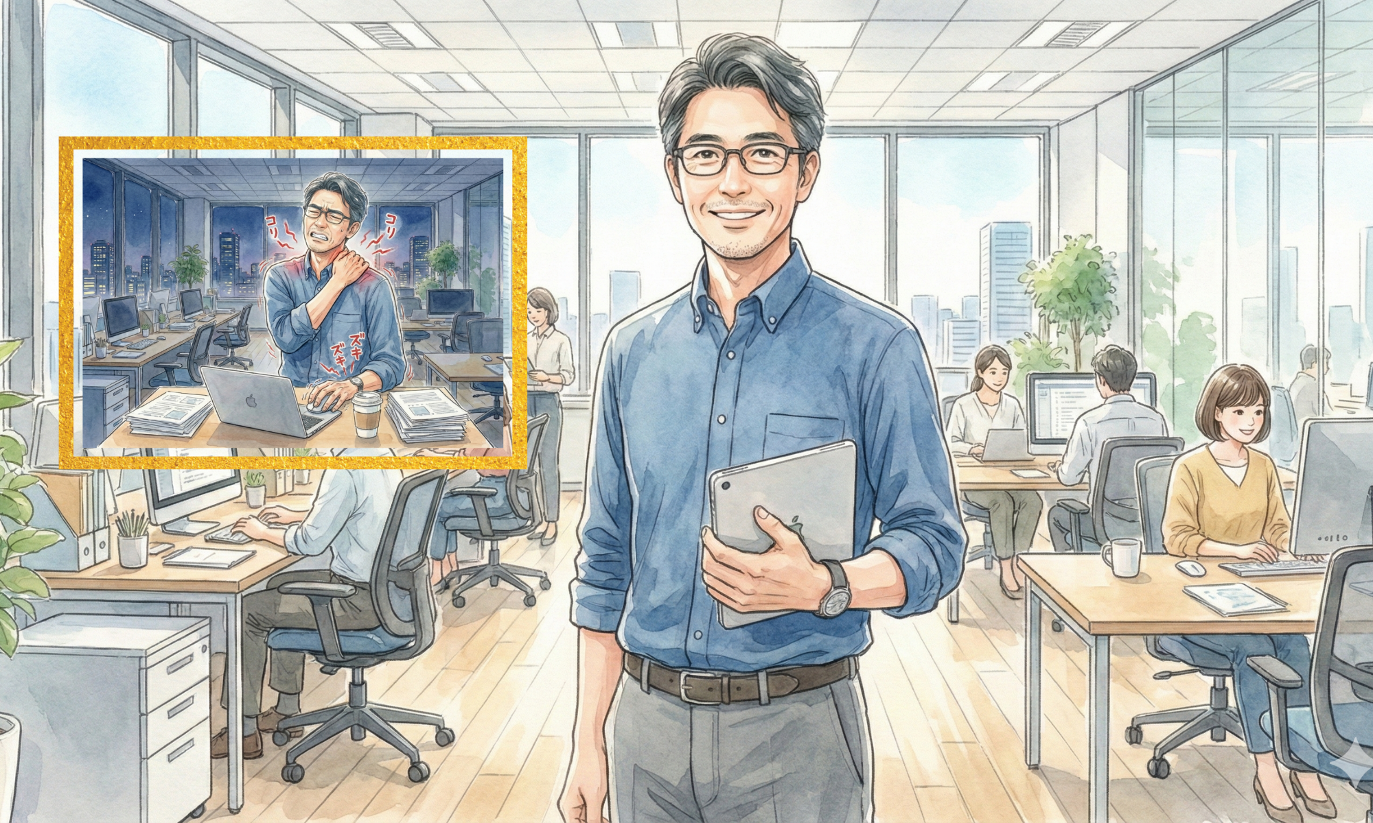 タブレットを持っている４０代の男性