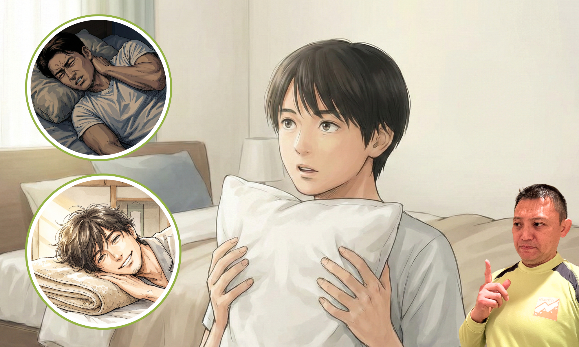 枕を持っている20代の男性