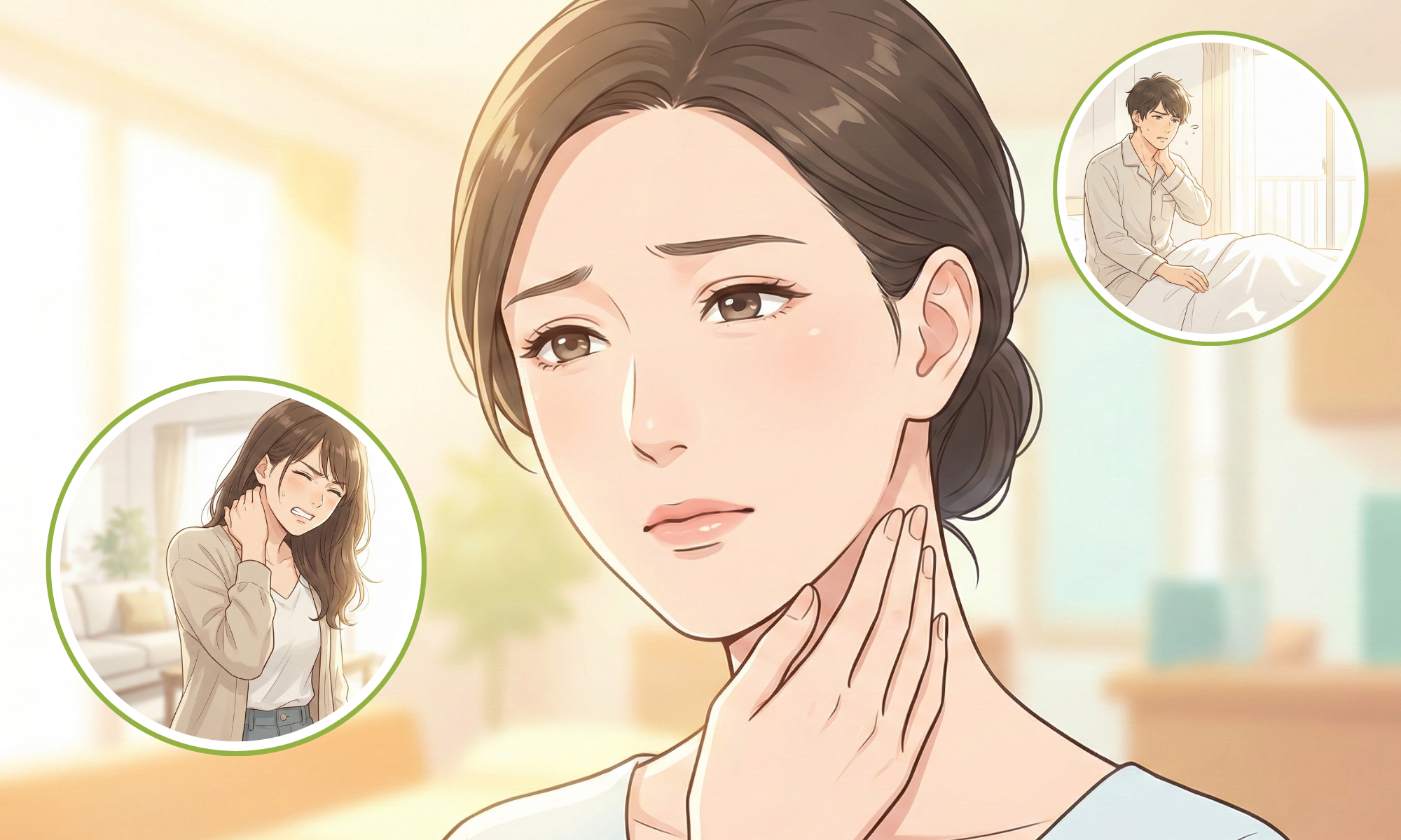 首に手を当てている30代の女性