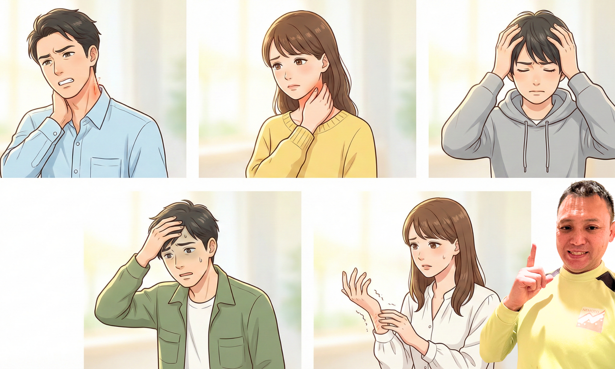 首に手を当てている30代の女性