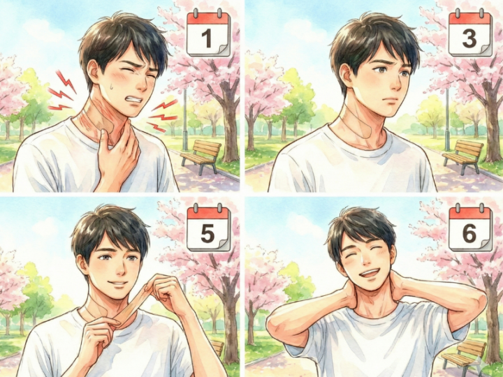 首にテーピングをしている男性