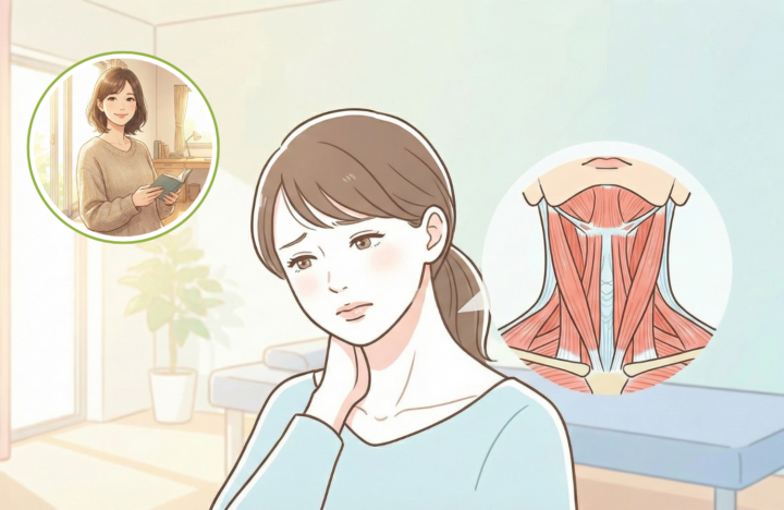 首に手を当てている40代の女性