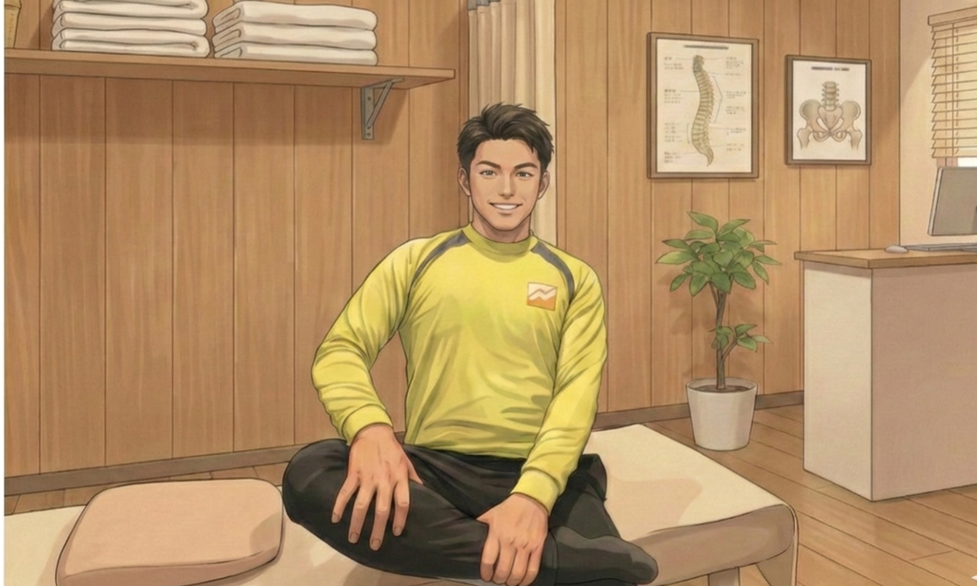 左の股関節のストレッチしている4０代の男性