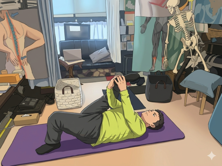 男性が仰向けでストレッチ 右足