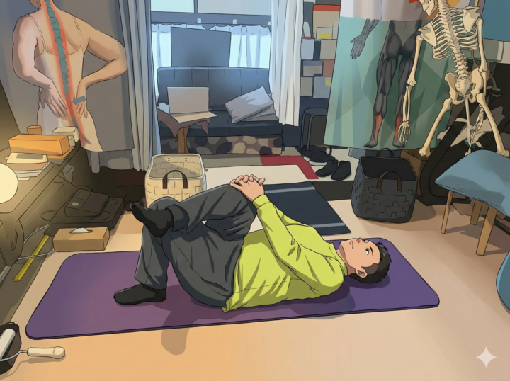 男性が仰向けでストレッチ 右足