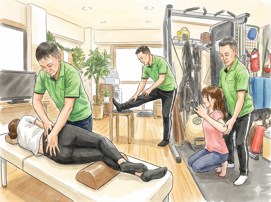 側臥位の女性と背筋のトレーニングをしている女性