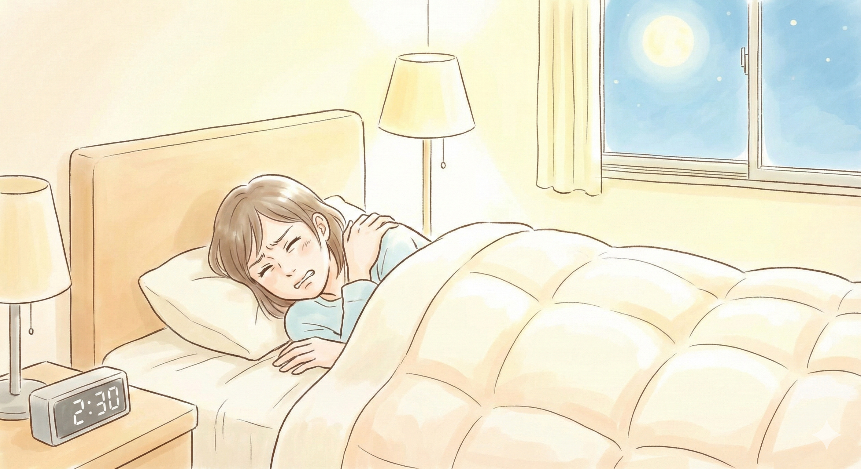 寝ながら肩に手を当てている女性