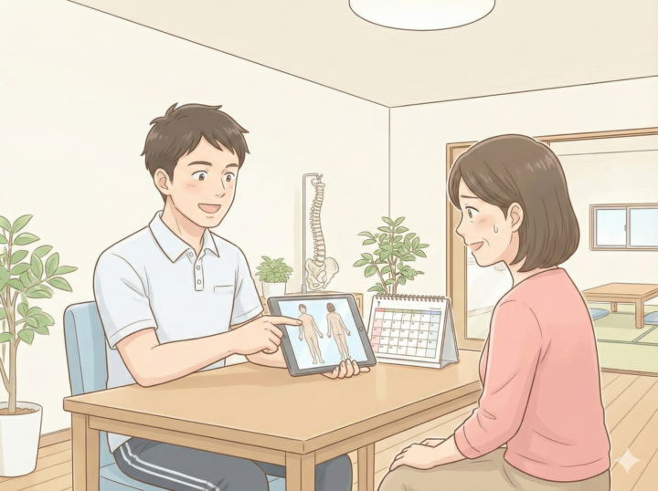 タブレットで女性に説明をしている