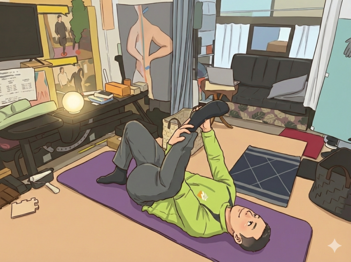 男性が仰向けでストレッチ 左足