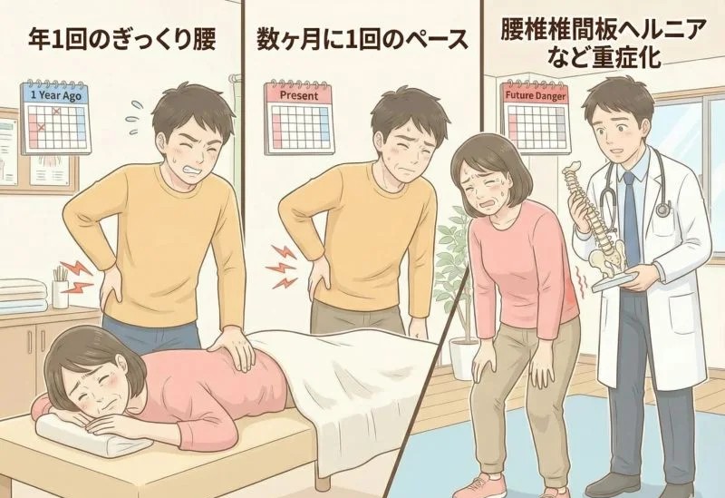 年１回のぎっくり腰　数ヶ月に1回のペース　腰椎椎間板ヘルニアなど重症化