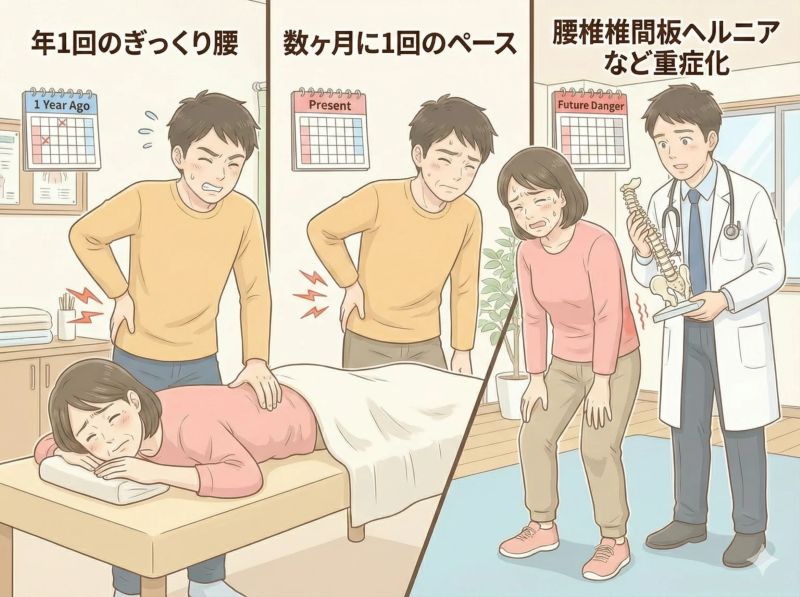 年１回のぎっくり腰　数ヶ月に1回のペース　腰椎椎間板ヘルニアなど重症化