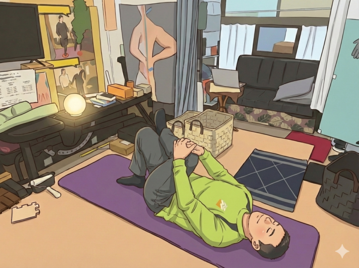 男性が仰向けでストレッチ 左足