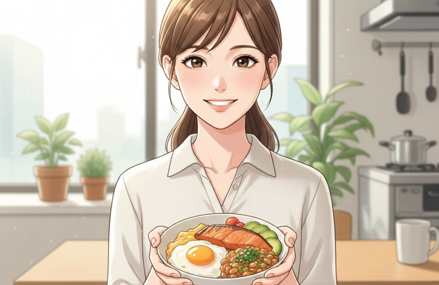 食事のお皿を持っている女性