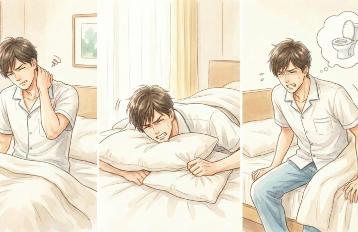 朝起きて首に手を当てている30代の男性