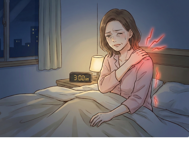 ベットで肩に手を当てている女性