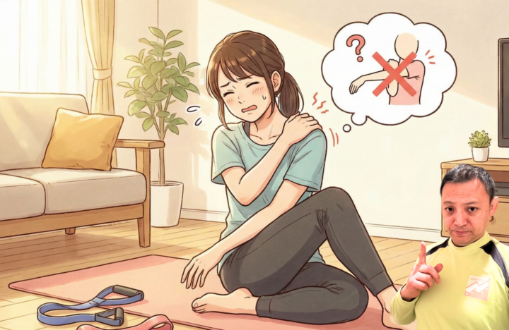 肩に手を当てている３０代の女性